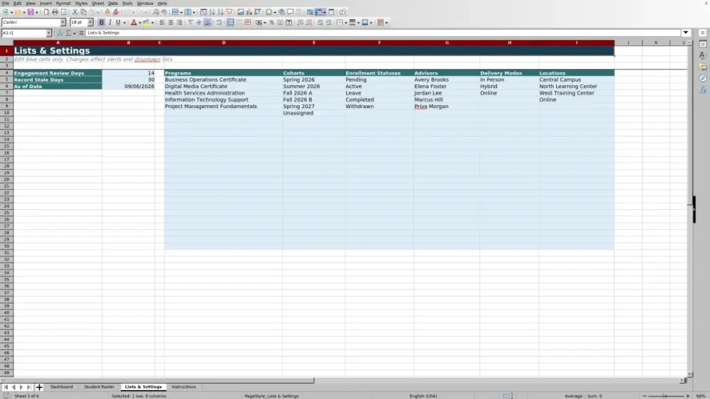 Preview of the Lists & Settings sheet in Free Student Master Roster Excel Template 2026