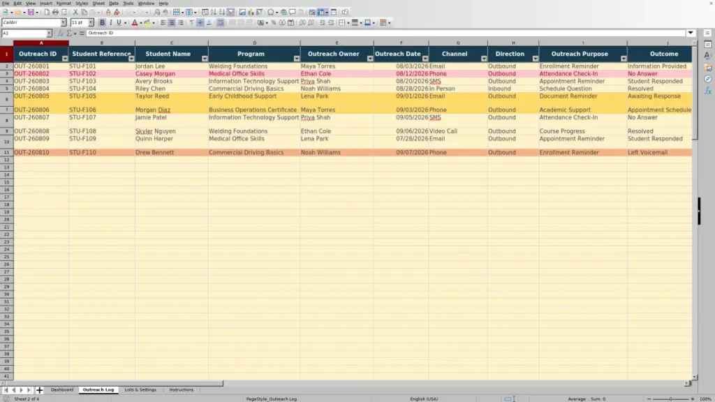 Preview of the Outreach Log sheet in Free Student Outreach Communication Log Excel Template 2026