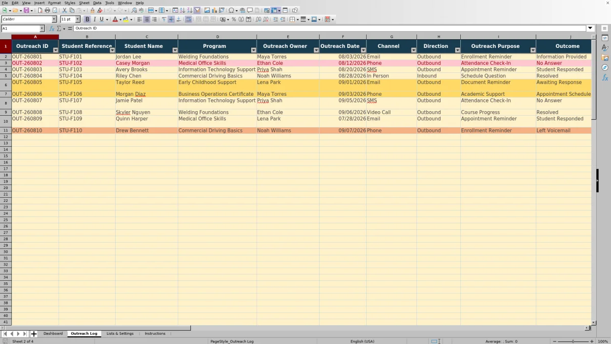 Capture 2 : feuille Outreach Log — student outreach communication log