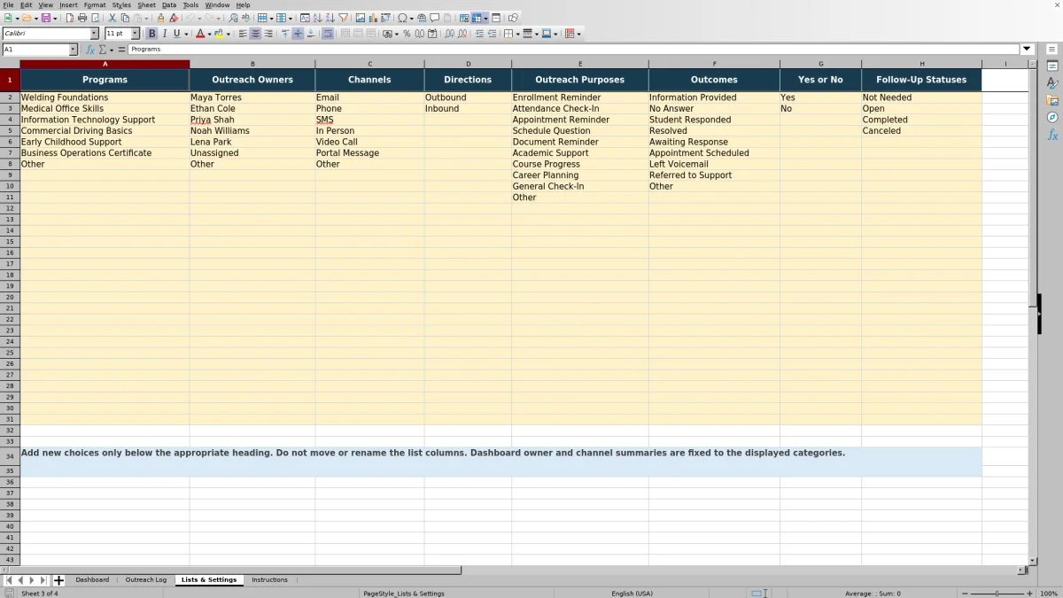 Capture 3 : feuille Lists & Settings — student outreach communication log