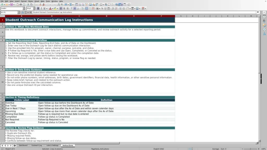 Preview of the Instructions sheet in Free Student Outreach Communication Log Excel Template 2026