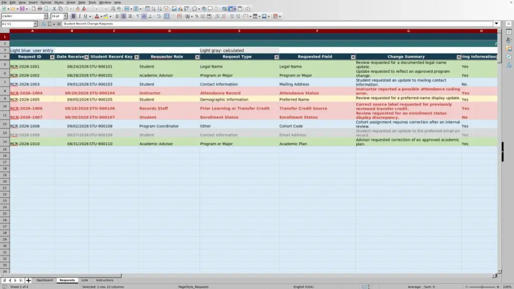 Preview of the Requests sheet in Free Student Record Change Request Tracker Excel Template 2026