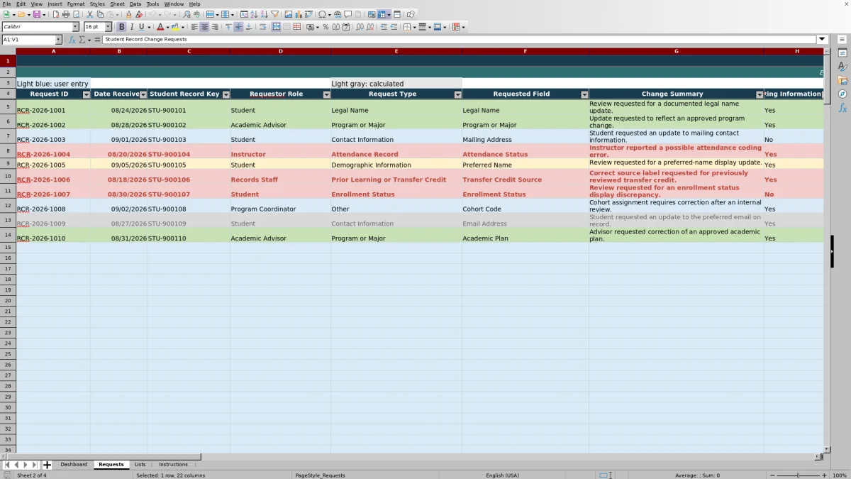 Capture 2 : feuille Requests — student record change request tracker