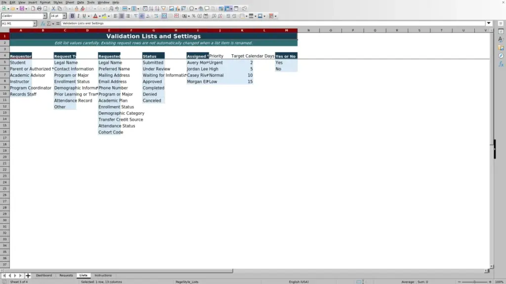 Preview of the Lists sheet in Free Student Record Change Request Tracker Excel Template 2026