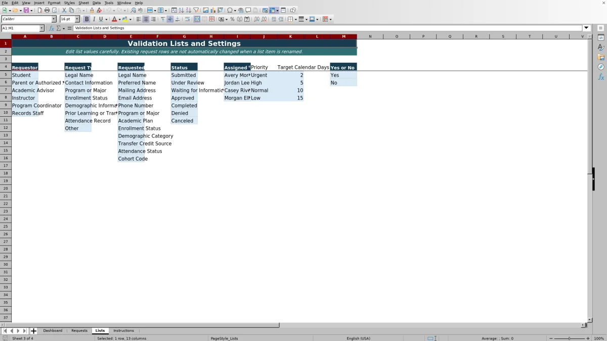 Capture 3 : feuille Lists — student record change request tracker