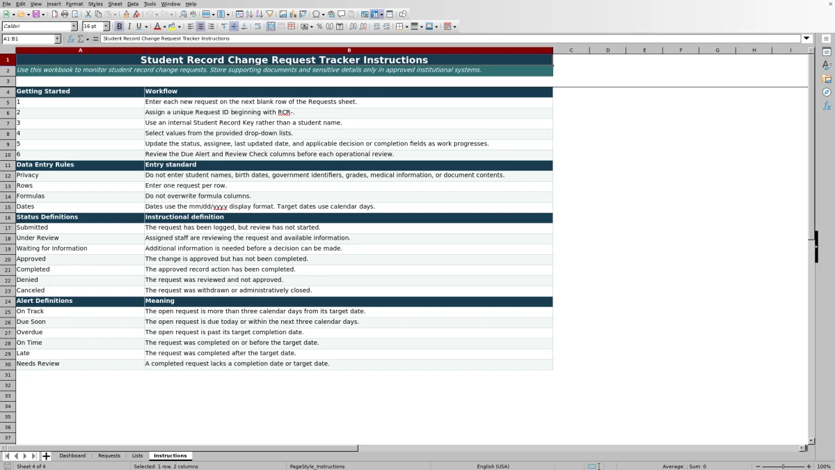 Capture 4 : feuille Instructions — student record change request tracker