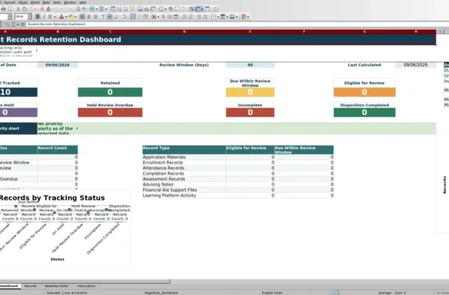 Capture 1 : feuille Dashboard — student records retention tracker