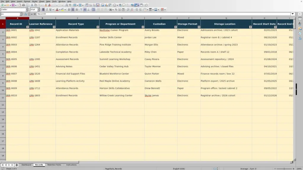Preview of the Records sheet in Free Student Records Retention Tracker Excel Template 2026