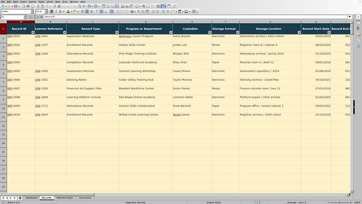 Capture 2 : feuille Records — student records retention tracker