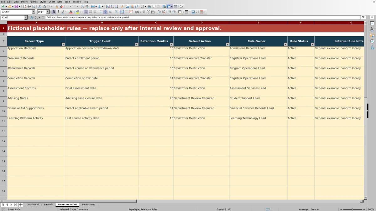 Capture 3 : feuille Retention Rules — student records retention tracker