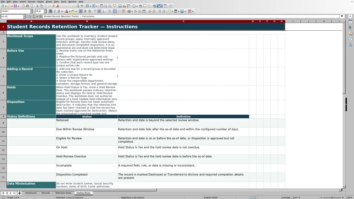 Capture 4 : feuille Instructions — student records retention tracker