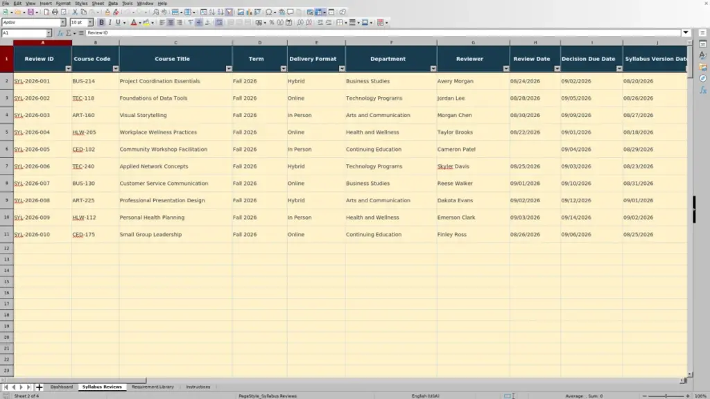 Preview of the Syllabus Reviews sheet in Free Syllabus Requirement Checklist Excel Template 2026