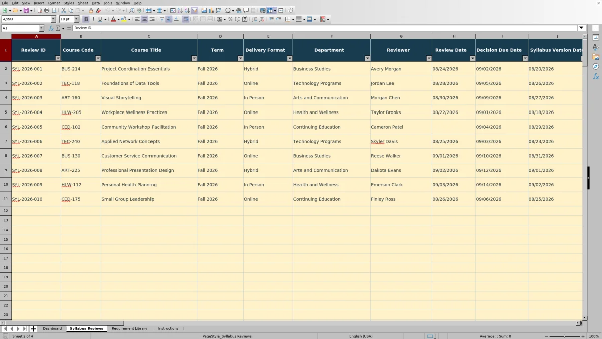 Capture 2 : feuille Syllabus Reviews — syllabus requirement checklist