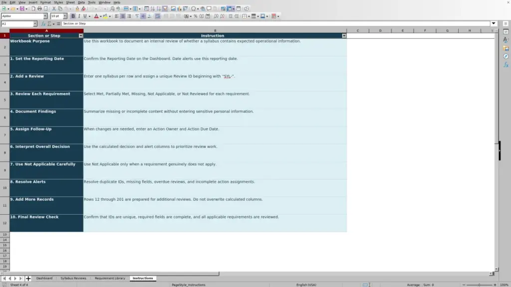 Preview of the Instructions sheet in Free Syllabus Requirement Checklist Excel Template 2026
