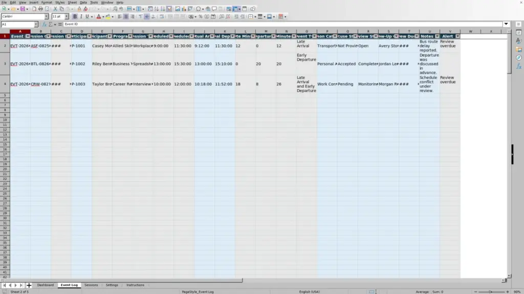 Preview of the Event Log sheet in Free 2026 Tardiness and Early Departure Tracker Excel Template