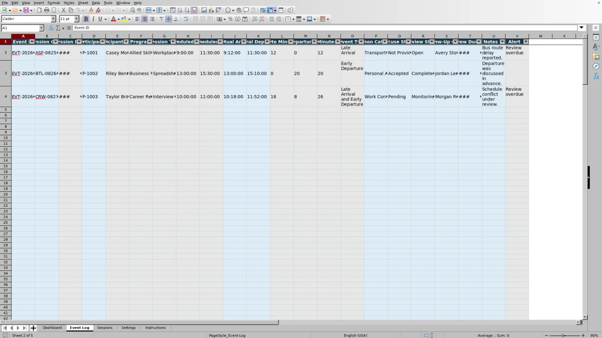 Capture 2 : feuille Event Log — tardiness and early departure tracker