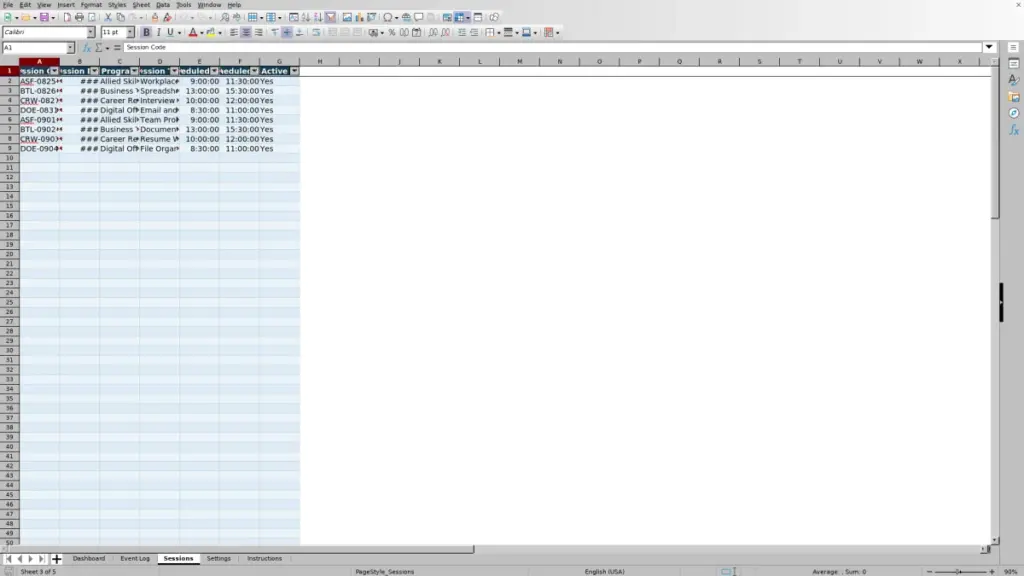 Preview of the Sessions sheet in Free 2026 Tardiness and Early Departure Tracker Excel Template