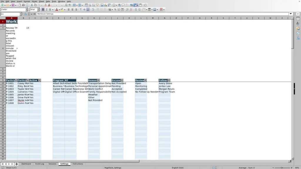 Preview of the Settings sheet in Free 2026 Tardiness and Early Departure Tracker Excel Template