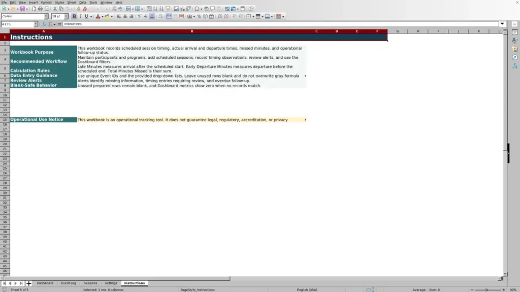 Preview of the Instructions sheet in Free 2026 Tardiness and Early Departure Tracker Excel Template