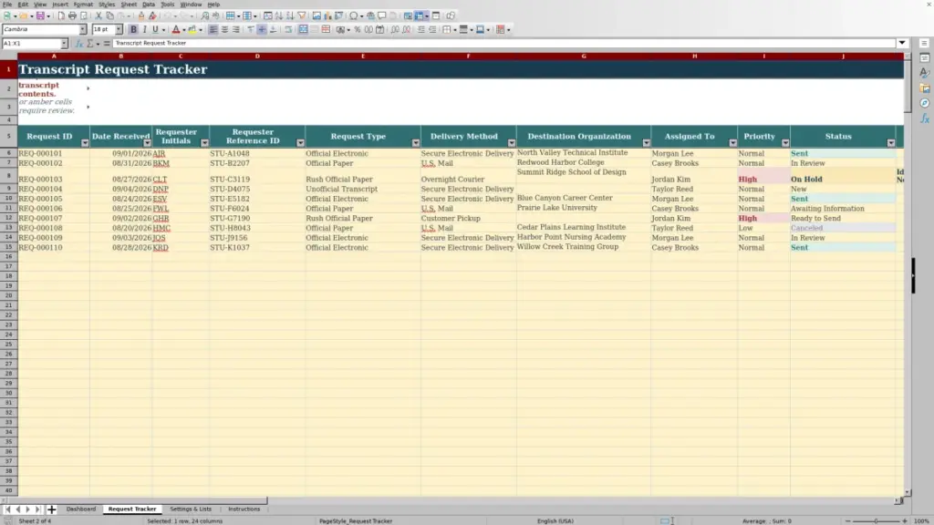 Preview of the Request Tracker sheet in Free Transcript Request Tracker Excel Template 2026