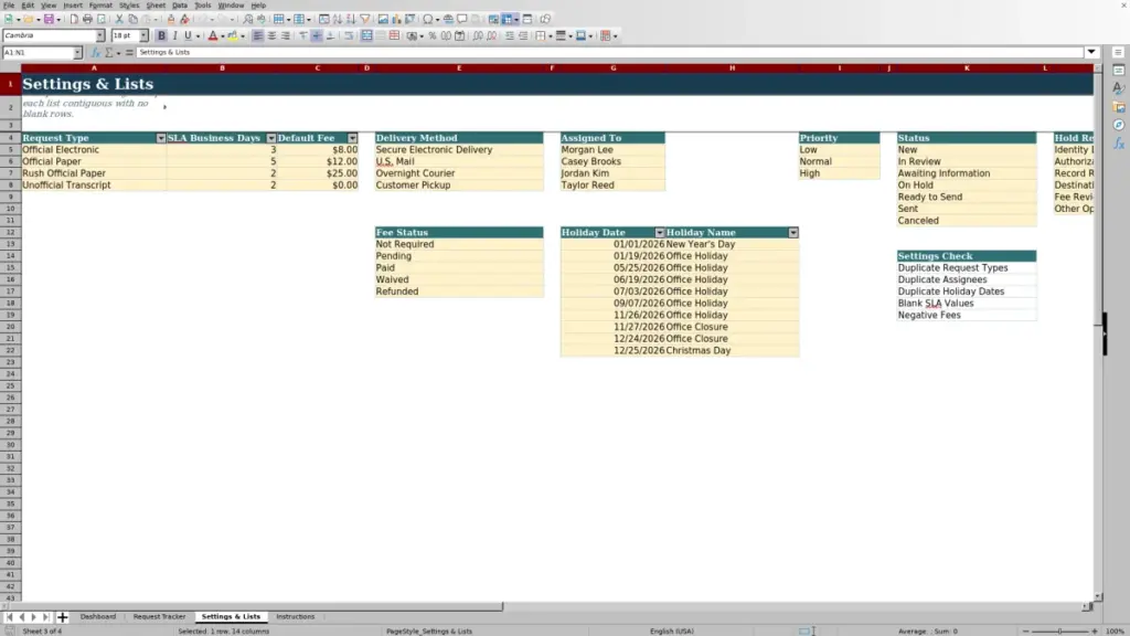 Preview of the Settings & Lists sheet in Free Transcript Request Tracker Excel Template 2026