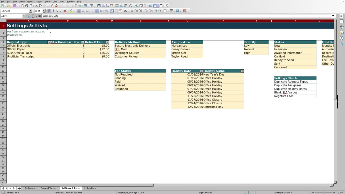 Capture 3 : feuille Settings & Lists — transcript request tracker