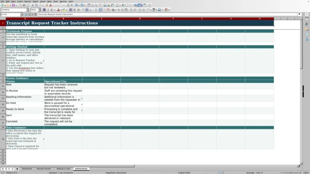 Preview of the Instructions sheet in Free Transcript Request Tracker Excel Template 2026